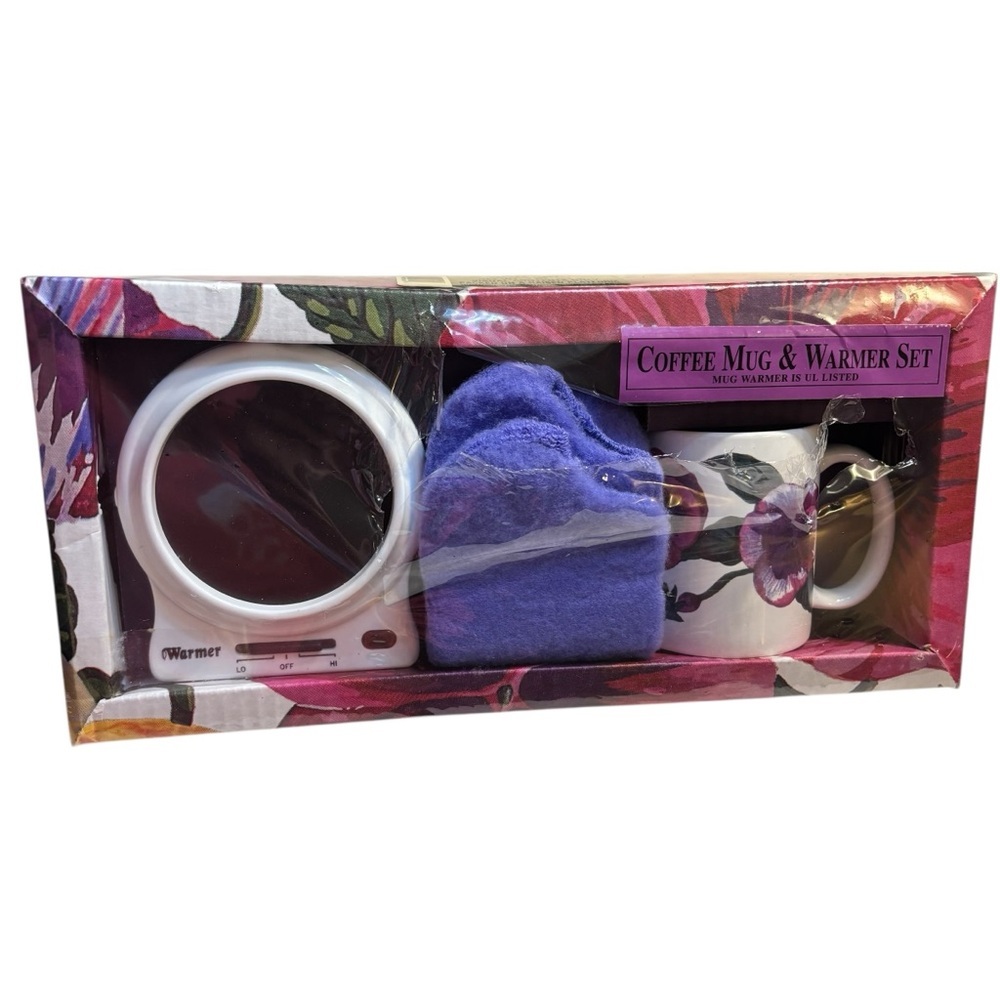 NEW Set Coffee Mug & Warmer & Socks White Purple Floral Mug Plugin Warmer NIB